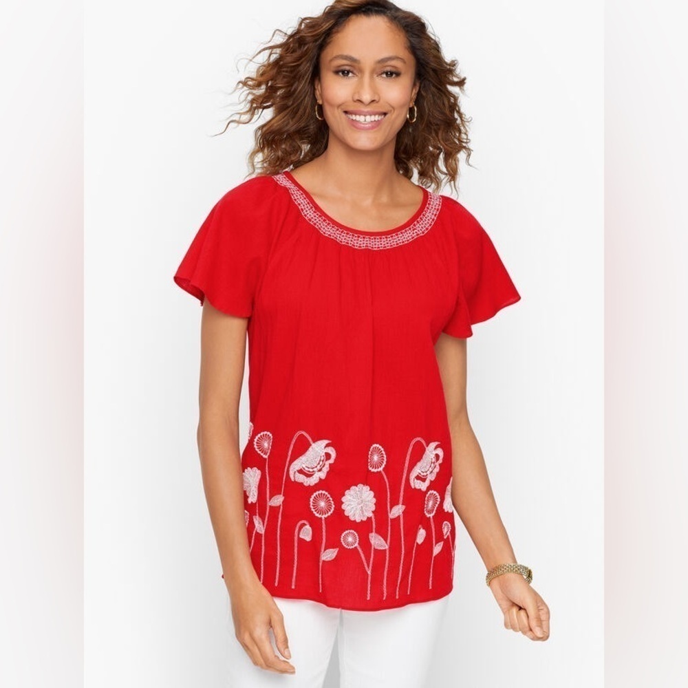 Talbots sz M Red White Embroidered Cotton Gauze Short Sleeve Blouse Top